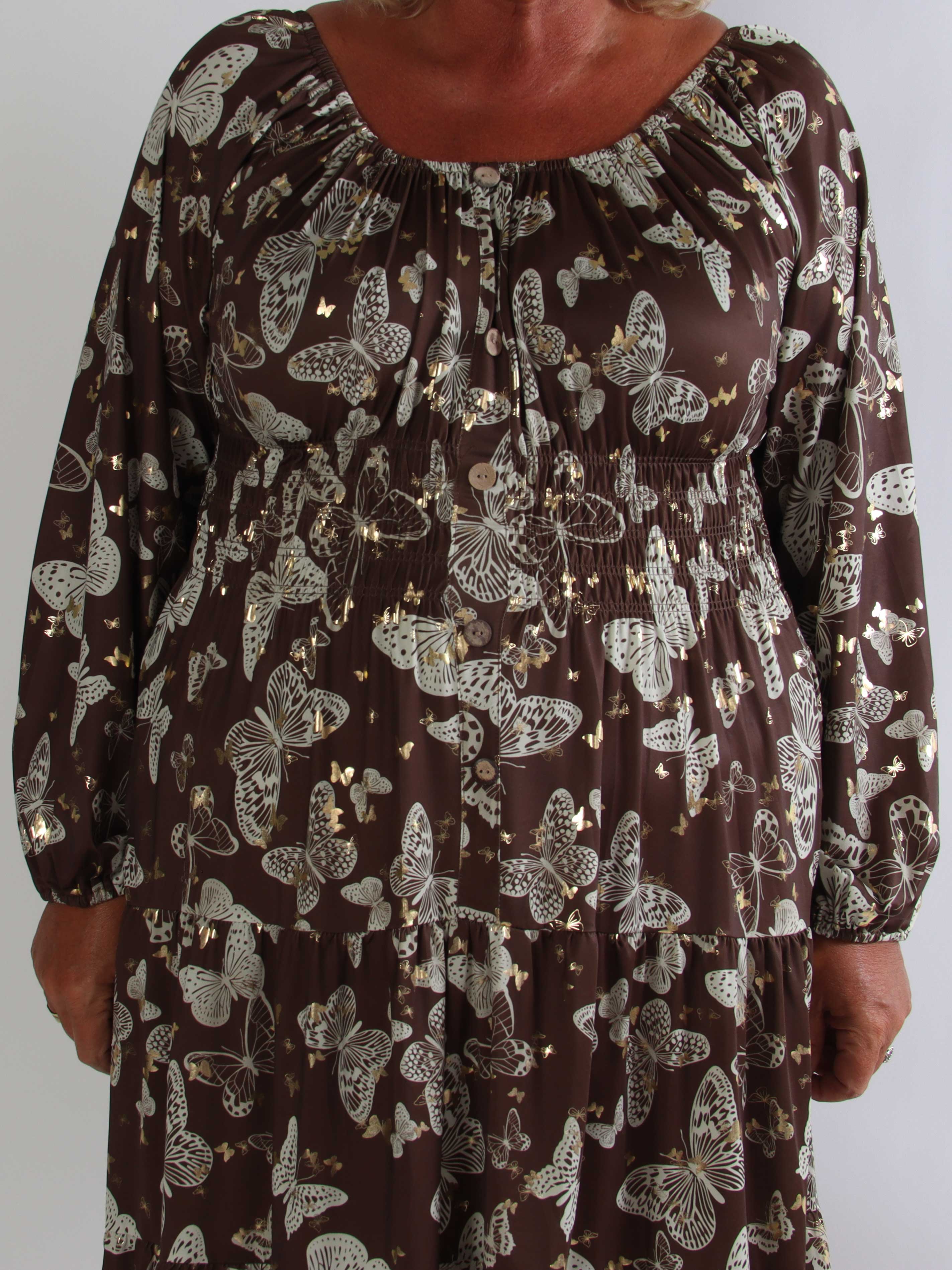 Tea Butterfly L/S - Plus size kjole med elastik i livet og sommerfugleprint